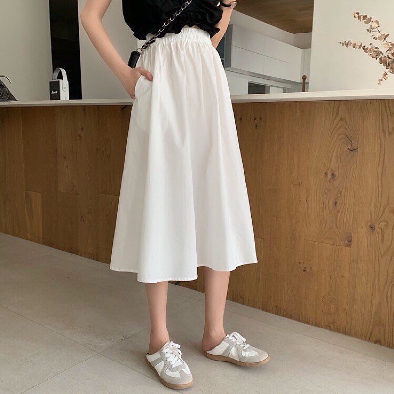 Chân Váy Kaki 🌸 Chân Váy Xoè Dáng Dài Trơn Ulzzang 2 Màu Đen|Trắng Basic | BigBuy360 - bigbuy360.vn