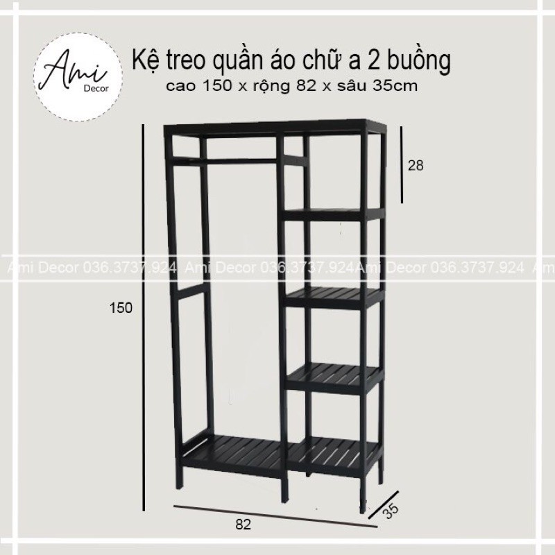 Tủ, kệ treo quần áo 2 buồng Hàn Quốc - decor trang trí shop thời trang, phòng ngủ - tủ gỗ thông 150 x 82 x 35 cm