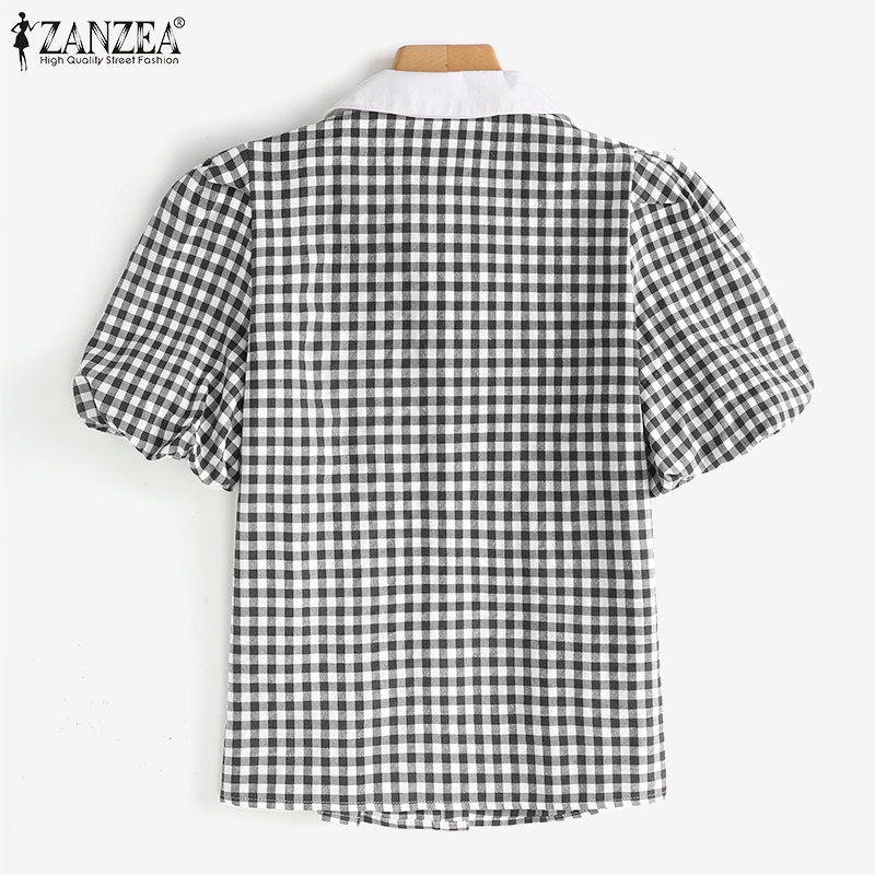 ZANZEA Áo Kiểu Tay Phồng Ngắn Cổ Bẻ Xếp Ly Họa Tiết Kẻ Sọc Phong Cách Hàn Quốc Thời Trang Cho Nữ