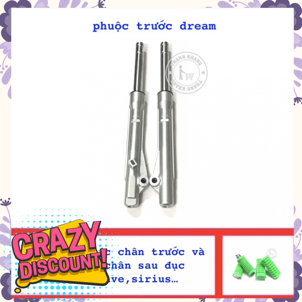 Phuộc trước DREAM  thanh khang tặng bộ gác chân cao su trước sau màu xanh lá  006001167  006000571  006000576 .