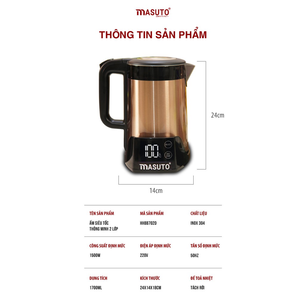 Ấm siêu tốc Masuto 1,5L 2 lớp chống bỏng giữ nhiệt 6 tiếng tự động pha sữa cafe siêu ngon