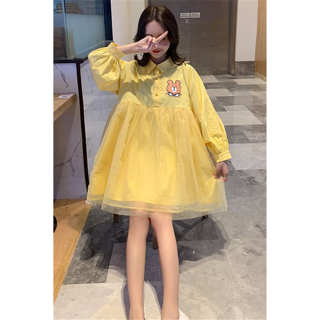 Đầm baby doll lưới 2 mảnh hoạt hình cổ áo sơ mi polo tay dài ulzzang ( 2 màu )