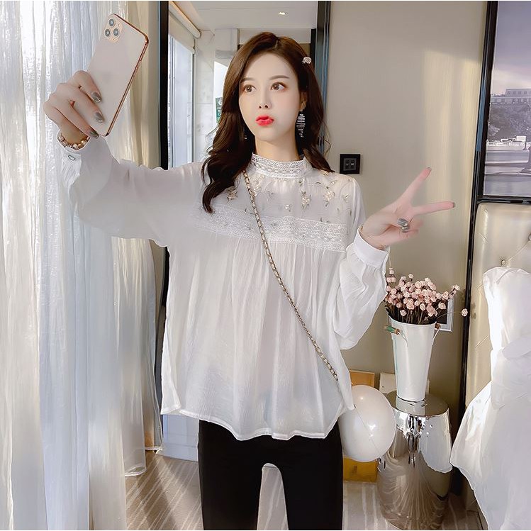 Áo sơ mi thêu hoa nhỏ đứng cổ - áo sơ mi hàn quốc đứng cổ ren