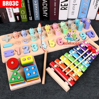 Combo Đồ Chơi Tổng Hợp Mã BR03C_  Bảng Thả Hình 4 Cọc, Đàn 8 Nốt Nhạc Và Cột Tính Câu Cá Nam Châm
