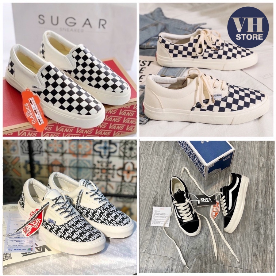 Giày Vans caro dáng lười, Giày sneaker VANS slipon, Vault, fear of god dễ phối đồ tặng box bill