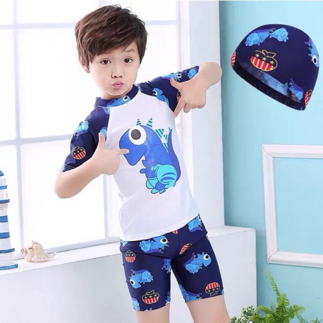 bộ bơi bé trai cộc tay kèm mũ, set đồ tắm biển trẻ em hoạ tiết khủng long ba màu