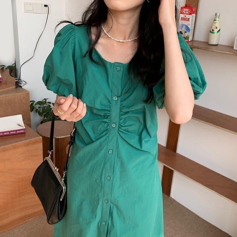 Phiên bản mùa hè Hàn Quốc mới 2021 váy mỏng, sinh viên siêu bất tử cổ vuông, tay áo bong bóng xếp ly, váy trắng | BigBuy360 - bigbuy360.vn