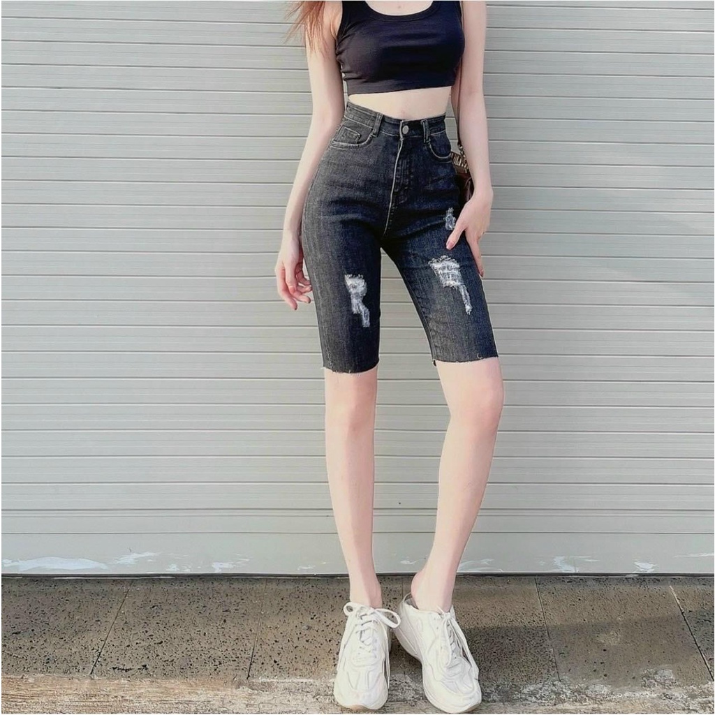 Quần jeans ngố dành cho BigSize Lưng cao, co dãn mạnh, màu xám lông chuột rách kiểu 4276 MLJ