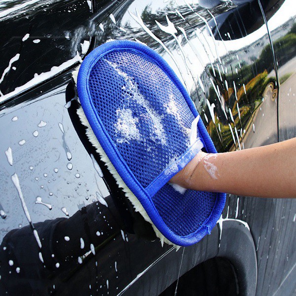 Găng tay lau rửa xe ô tô lông cao chống xước sơn màu xanh kem