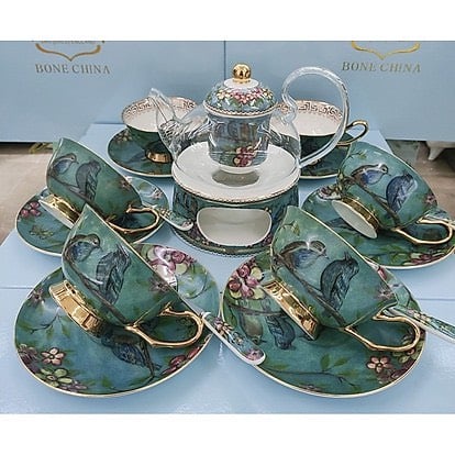 Bộ ấm chén kèm 6 đĩa lót tách pha trà hoa thủy tinh kết hợp gốm sứ xương cao cấp có đế đun và thìa hoa xanh và chim đẹp