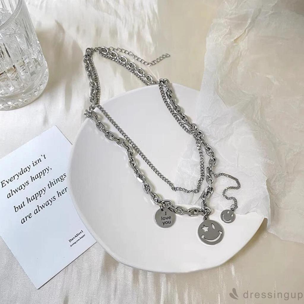 DRE-Women Layered Necklace , Alloy Smile Face Charm Chain Necklace , Silver