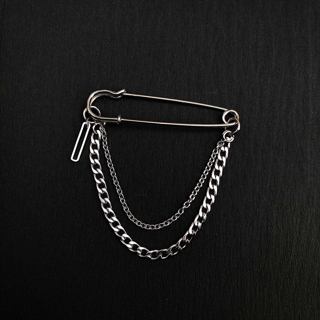 Ghim Cài Áo Hình Vuông Phối Dây Xích Đôi Dày Dặn Màu Bạc Phong Cách Hip Hop Thời Trang Cho