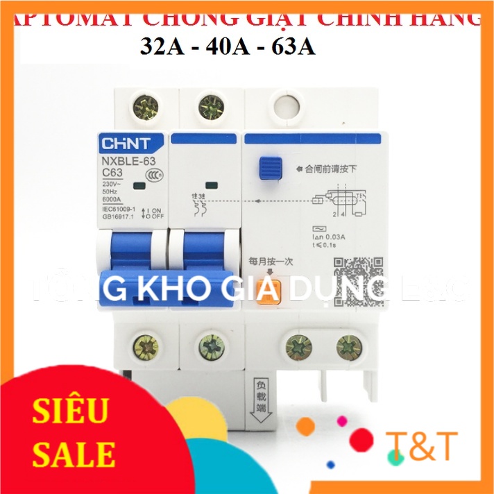 Aptomat chống giật cầu dao chống giật CHINT NXBE 2P 32A 40A 63A chống dòng dò lắp đặt bình nóng lạnh tủ lạnh