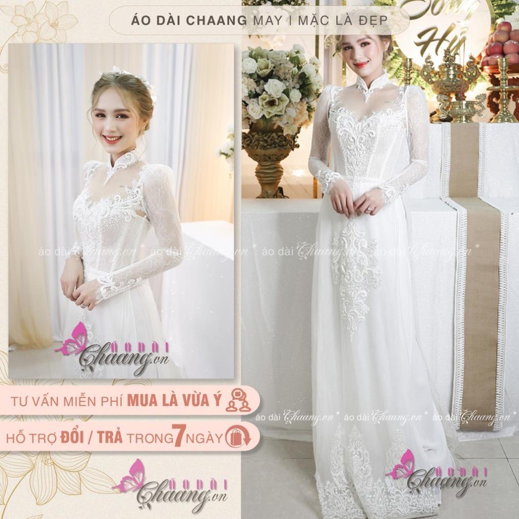 Áo dài cặp đôi cô dâu chú rể vải gấm và lụa ren 6 tà xoài non cap cấp cho ngày cưới