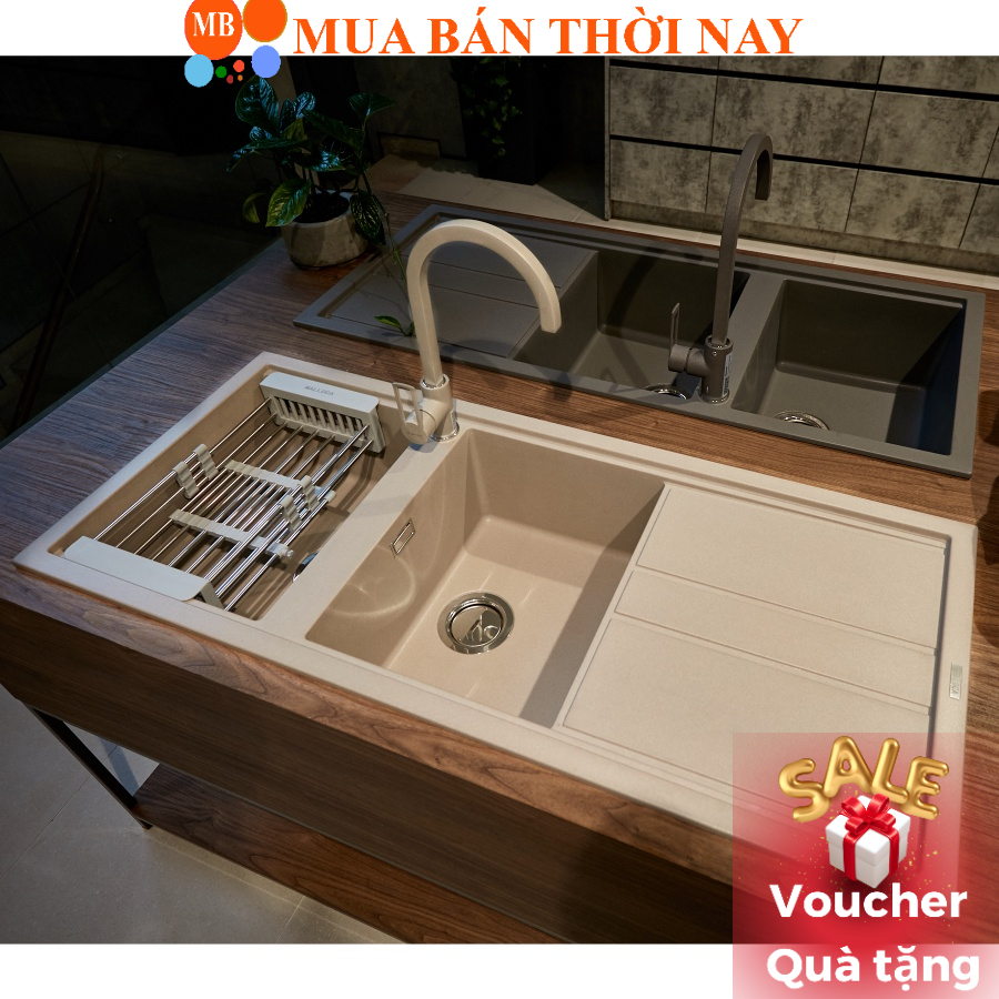 Chậu rửa đá Granite Nano Malloca BIANCO K-50062 màu kem, Chậu rửa chén đá nhân tạo, chậu rửa bát bằng đá