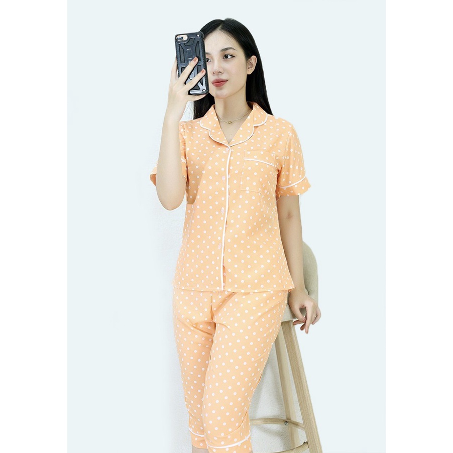 [HÌNH THẬT] Bộ đồ Pijama lửng mặc nhà MÀU VÀNG CAM CHẤM BI - Vải Siêu Lụa Cao Cấp - Mềm Mại Êm Ái