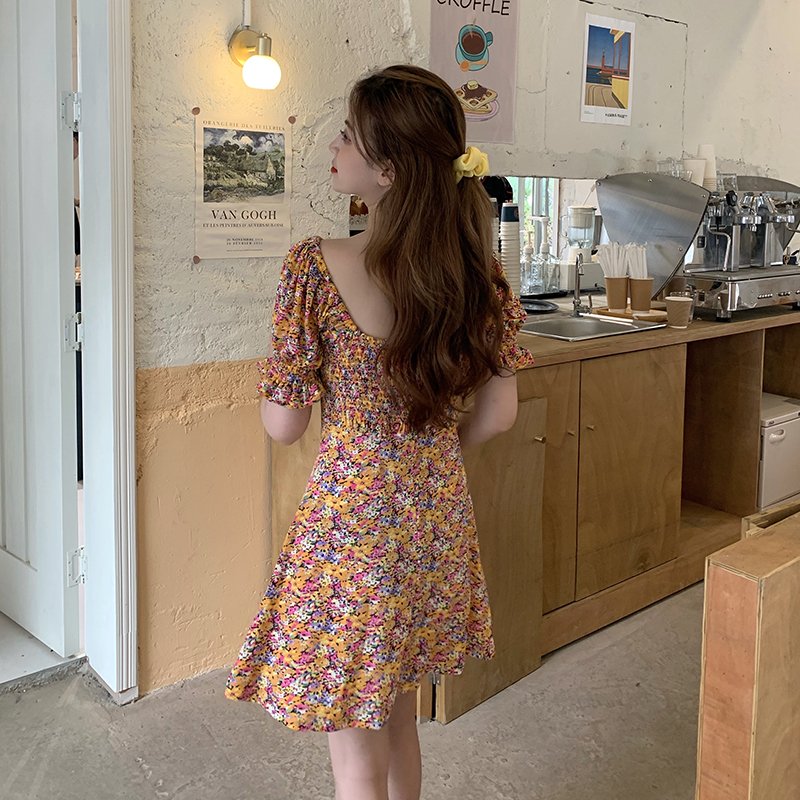 SUXI Đầm Nữ Ngắn Tay Cổ Tròn In Hoa Thời Trang