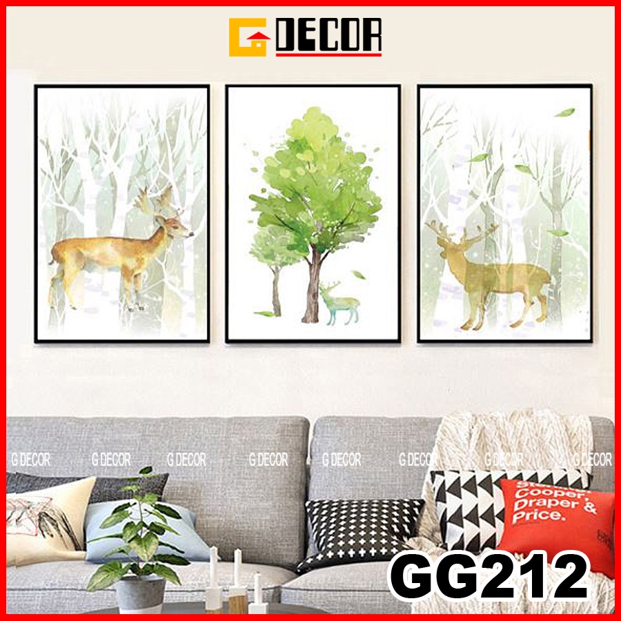 Tranh treo tường canvas 3 bức phong cách hiện đại Bắc Âu 212, tranh hươu trang trí phòng khách, phòng ngủ, phòng ăn, spa
