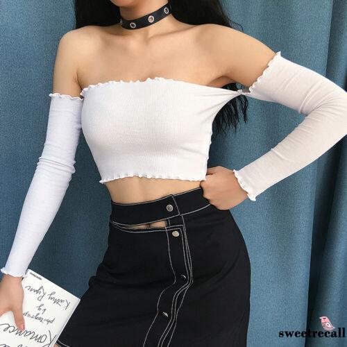 Áo thun croptop trễ vai tay dài gợi cảm hợp thời trang cho nữ