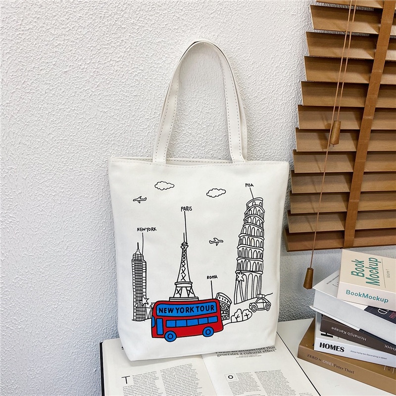 Túi Tote Canvas Vải Nữ Đeo Chéo Có Khóa Kéo Xách Tay Họa Tiết Basic Dáng Chữ Nhật Thời Trang Công Sở Đi Học Làm Đựng Cơm