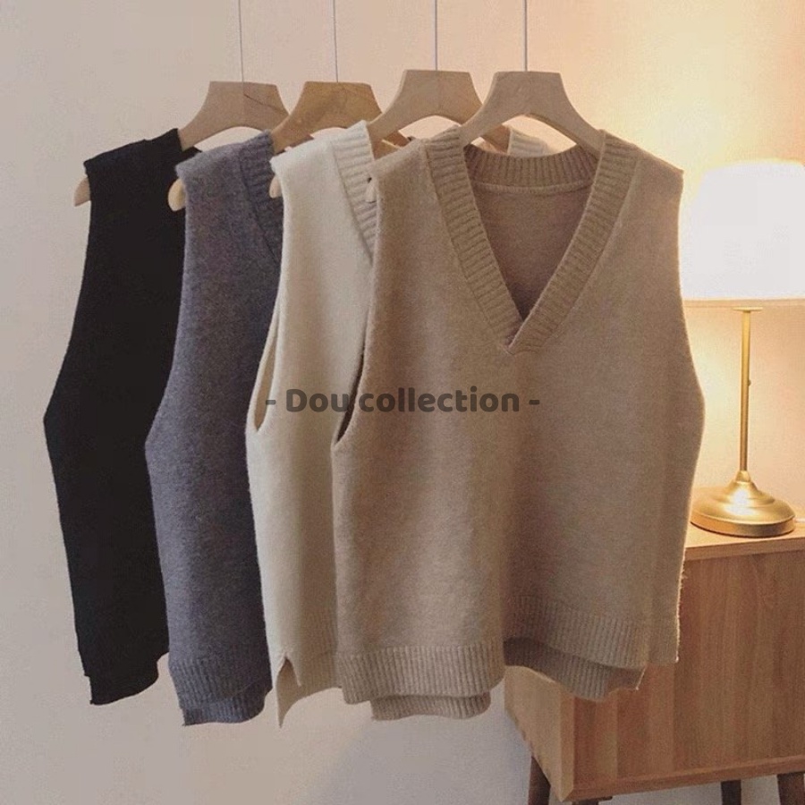 [Nowship2h] Áo Gile Len Trơn Vintage Áo Len Không Tay Cổ V Cá Tính Phong Cách Hàn Quốc Thời Trang Thu Đông - Mã TA004