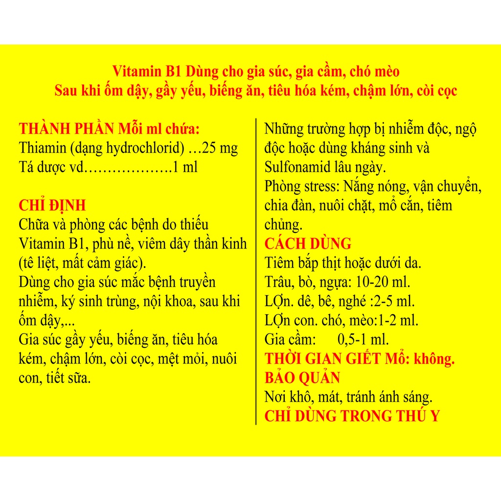 1 lọ Vitamin B1 100ml Dùng cho gia súc, gia cầm,  chó mèo khi ốm dậy, gầy yếu, biếng ăn, tiêu hóa kém,chậm lớn, còi cọc