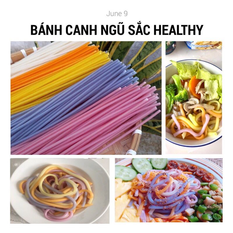 Bánh canh ống ngũ sắc gồm chùm ngây ,khoai lang tím ,gạo lứt gaacs và đậu biếc gói 500g .
