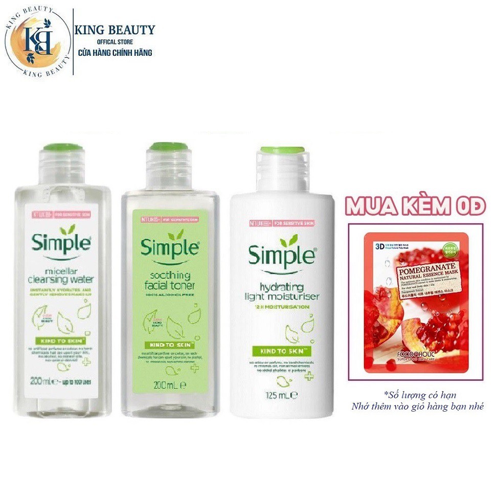 Bộ 3 Sản Phẩm Giúp Loại Sạch Dầu Thừa, Bụi Bẩn, Cấp Ẩm Cho Da SIMPLE (Tẩy trang 200ml + Toner 200ml + Sữa dưỡng 125ml)