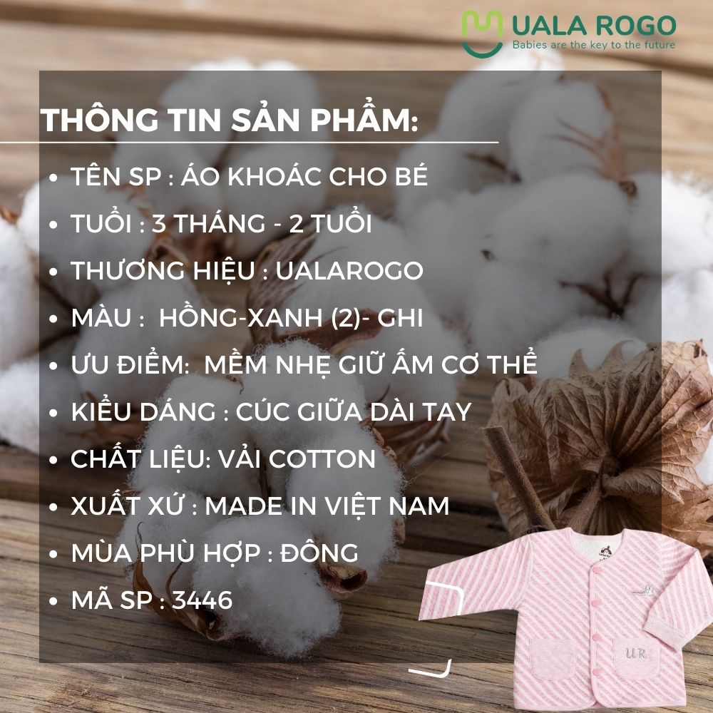 Áo khoác cho bé Uala rogo 3 tháng - 2 tuổi trần bông cotton cúc bấm giữa 2 túi giữ ấm 3446