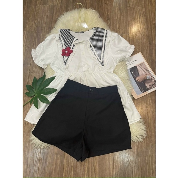 Set áo babydoll siêu dễ thương cổ nhọn đính hoa +quần