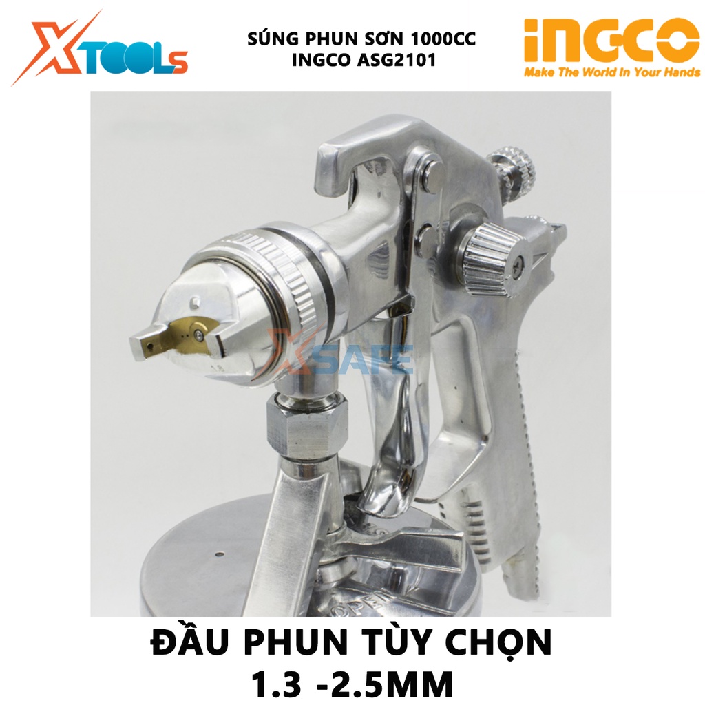 Súng phun sơn INGCO ASG2101 | máy phun sơn Đầu phun tiêu chuẩn 1.4mm, Dung tích bình sơn 1000cc phun sơn gỗ, sơn ô tô, n