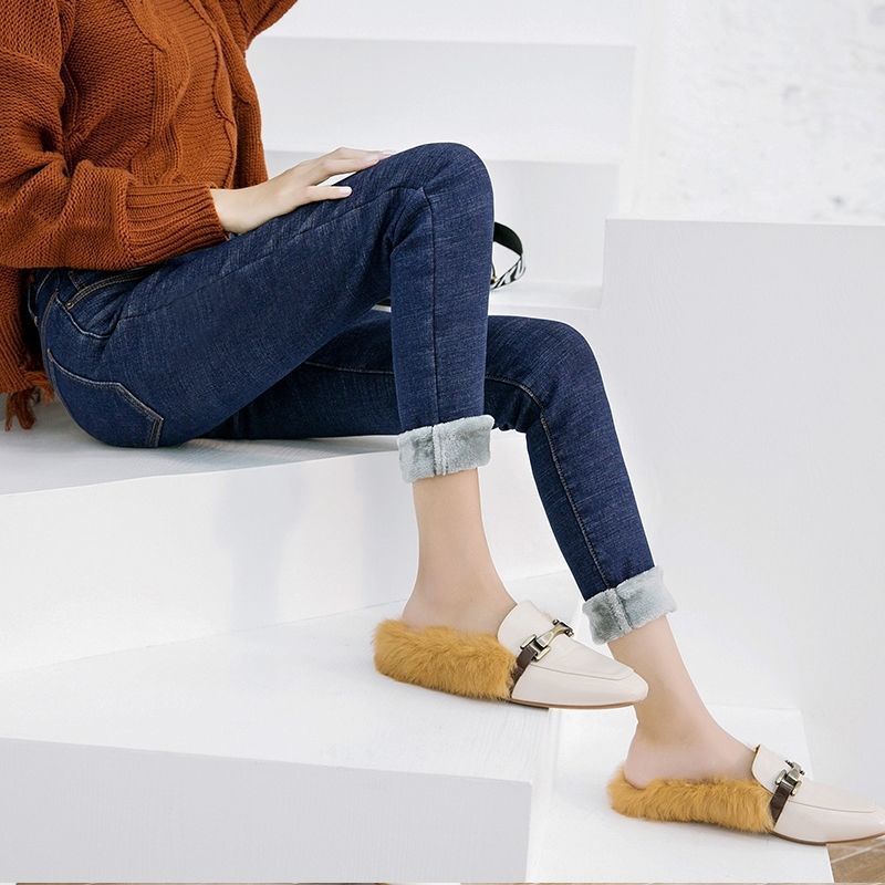 Quần Jean Dài Lót Lông Cừu Dày / Không Lót Lông Cừu Eo Cao Dáng Ôm Màu Đen Thời Trang Mùa Đông Cho Nữ