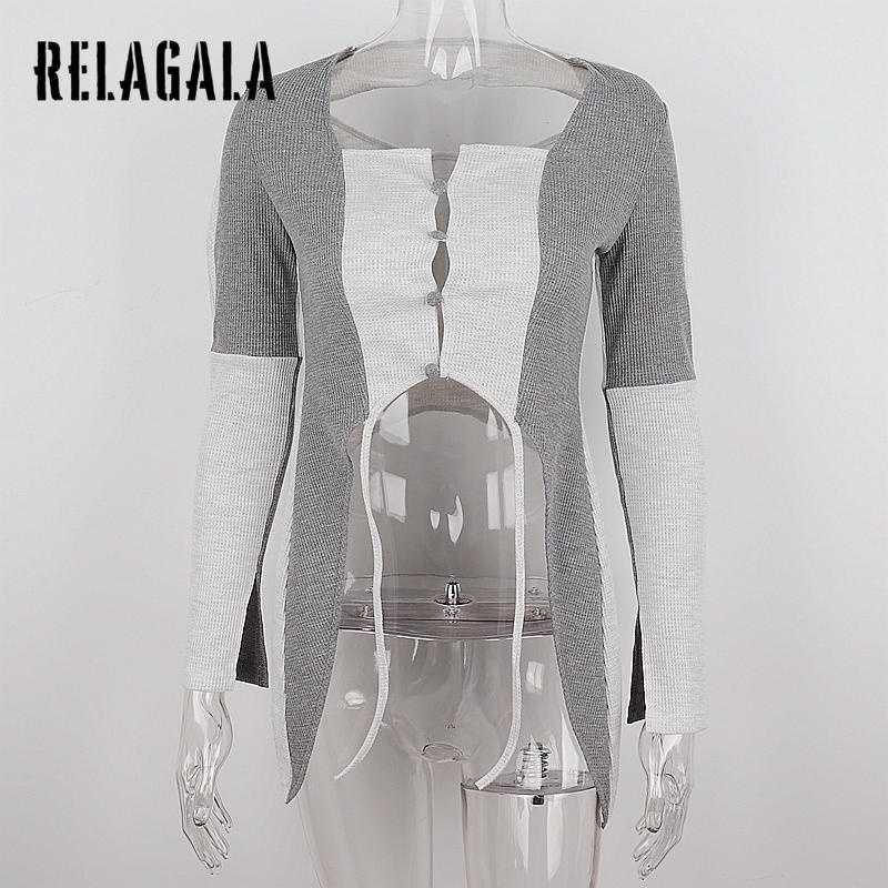 Relagala Áo Khoác Cardigan Tay Dài Cổ Vuông Màu Sắc Tương Phản Thời Trang Cho Nữ