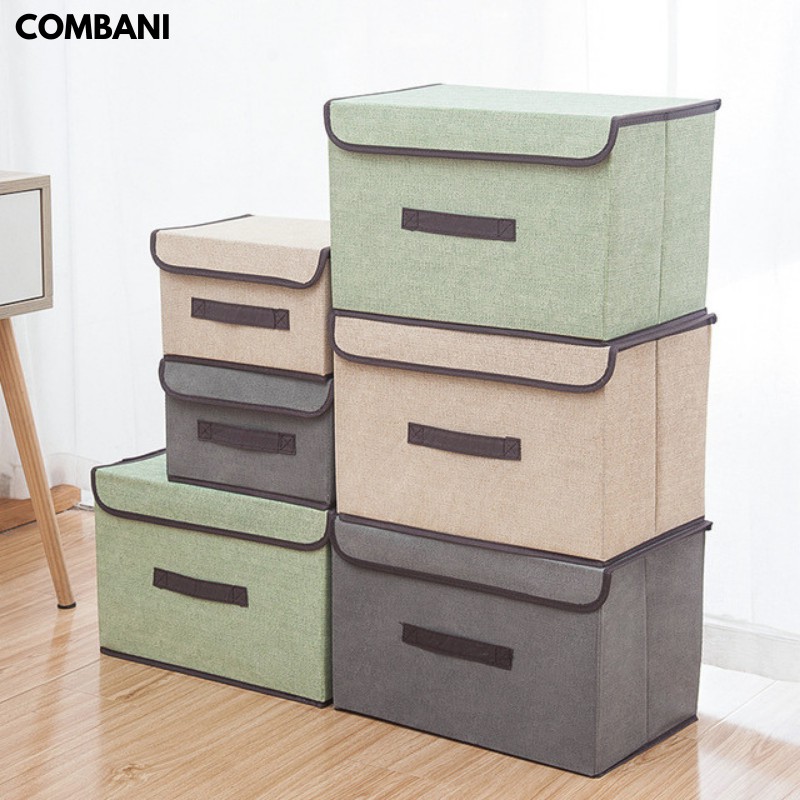 Bộ 2 Hộp Vải Đựng Quần Áo, Đồ Lót, Khung Giấy Cứng Gấp Gọn Phong Cách Hàn Quốc TD04