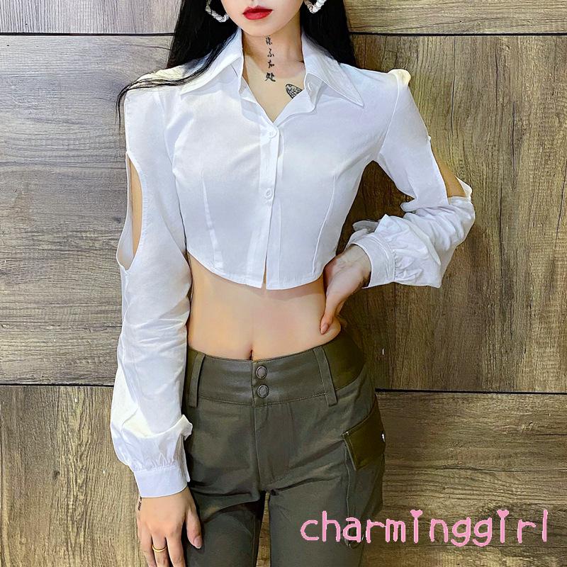 Áo Croptop Tay Dài Cổ Bẻ Màu Trơn Dáng Ôm Cài Khuy Thời Trang Mùa Xuân Cho Bạn Gái