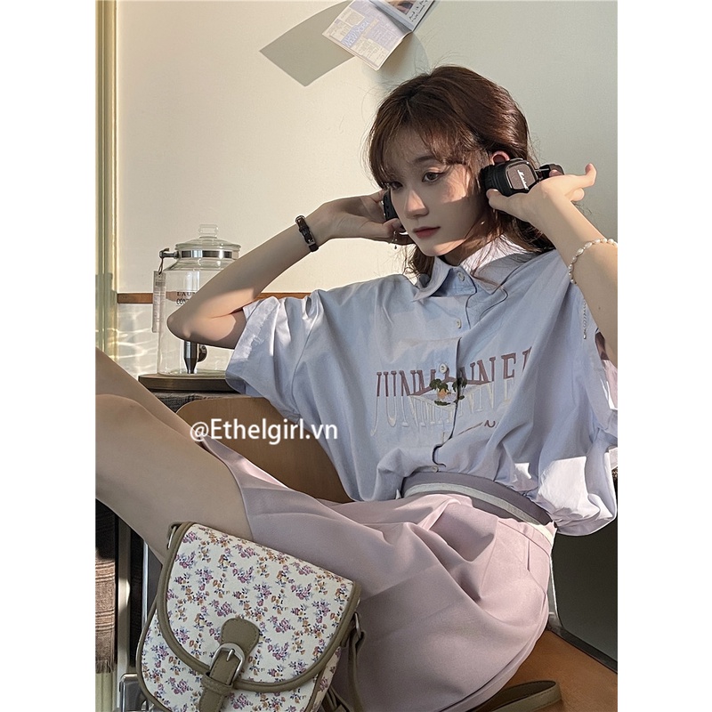 Áo Sơ Mi Nữ Ngắn Tay Thêu Họa Tiết Phong Cách retro