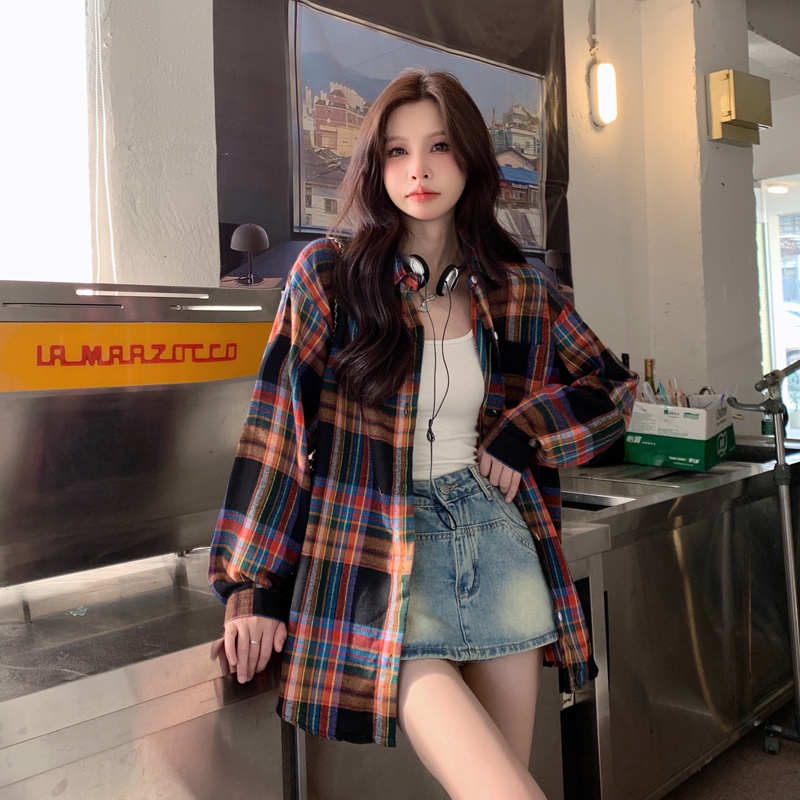 ZHELIHANGFEI Áo Khoác Sơ Mi Tay Dài Dáng Rộng Kẻ Sọc Kiểu Retro Cá Tính