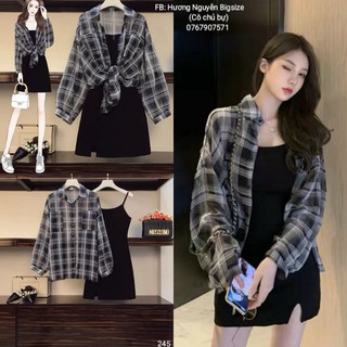 55-90kg bigsize set đầm body + áo sơ mi caro
