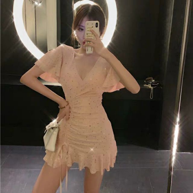 Váy ôm body cổ chữ V đính sequin lấp lánh