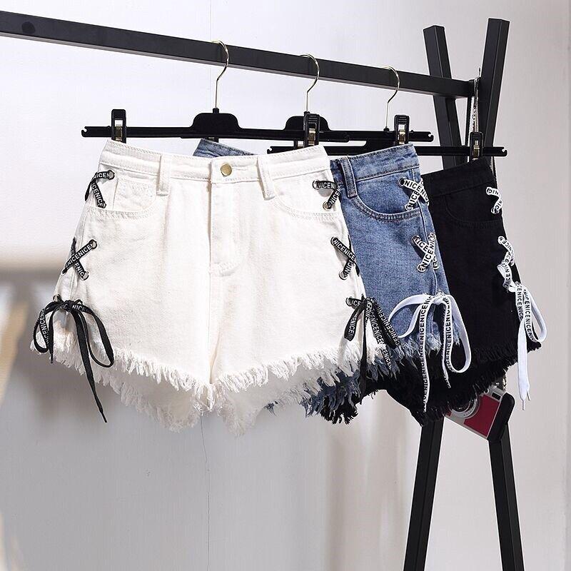 Quần short jean lưng cao cột dây cá tính cho nữ