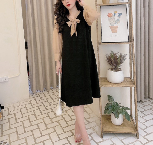 Váy đũi nơ dài tay phối mầu sang chảnh | BigBuy360 - bigbuy360.vn