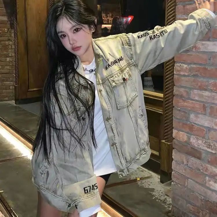 Jiashucheng Áo Khoác Denim Họa Tiết Thêu Phong Cách Retro Mỹ Cá Tính