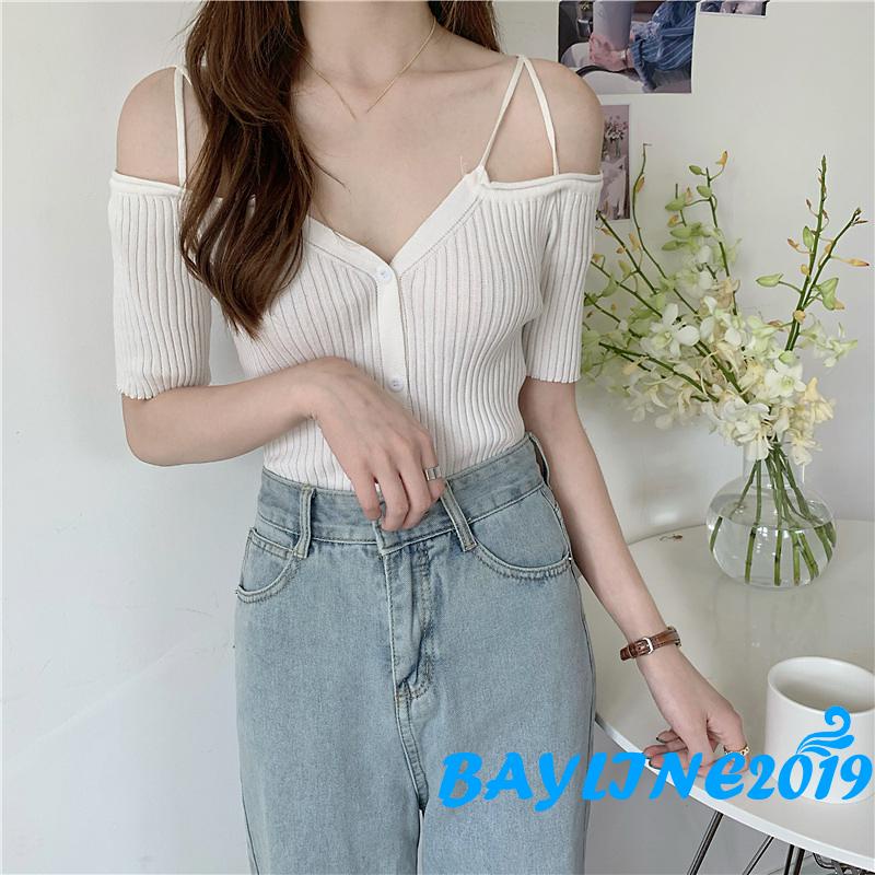 Áo Dệt Kim Ngắn Tay Trễ Vai Cổ Chữ V Cài Nút Đơn Giản Cho Nữ