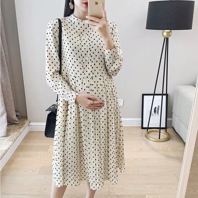 [ BIGSIZE 82kg ] VÁY ĐẦM BẦU THIẾT KẾ DỰ TIỆC CÔNG SỞ  DÀI TAY HỌA TIẾT CHẤM BI HÀN QUỐC