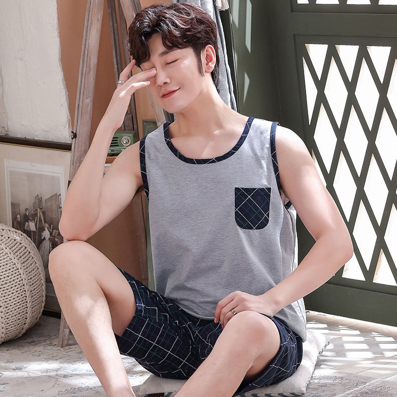 Hot Sale Sleeveless vest pajamas men's summer cotton loose plus size middle-aged can wear Korean thin style home service suits