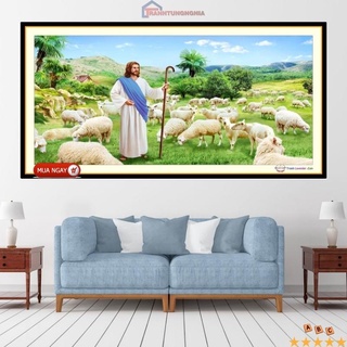 Tranh đính đá LV552 (1m50 x 75cm), tranh thêu chữ thập chúa chăn chiên LV3504 (1m25 x 63cm)