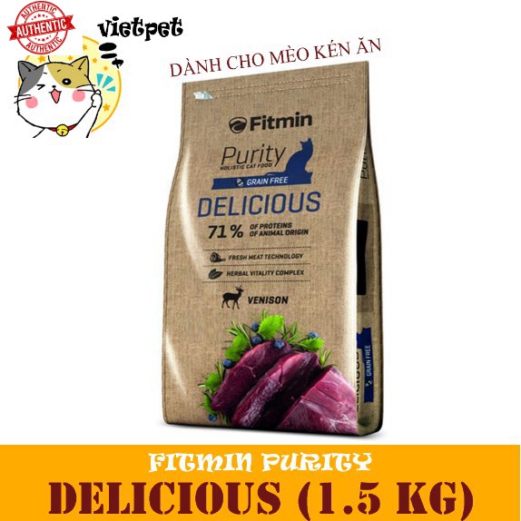 [Mã giảm giá] [TẶNG XÚC XÍCH] Thức Ăn Cho Mèo Hạt Khô - Fitmin Purity DELICIOUS (1.5 kg) - Grain Free - Làm từ thịt Nai