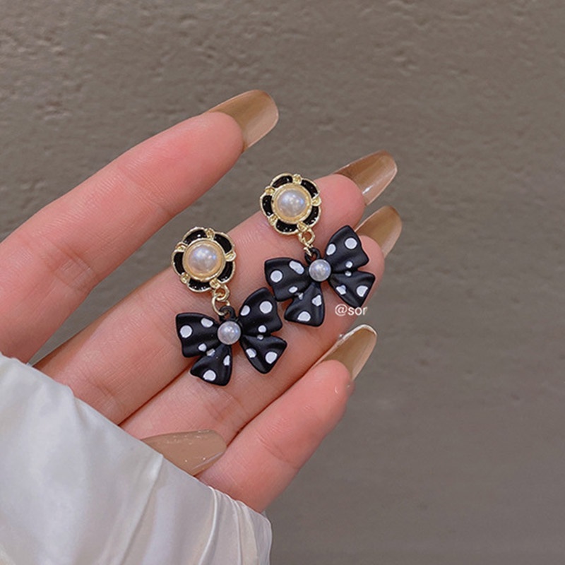 Bông Tai Mạ Bạc 925 Hình Nơ Chấm Bi Đính Ngọc Trai Phong Cách Vintage