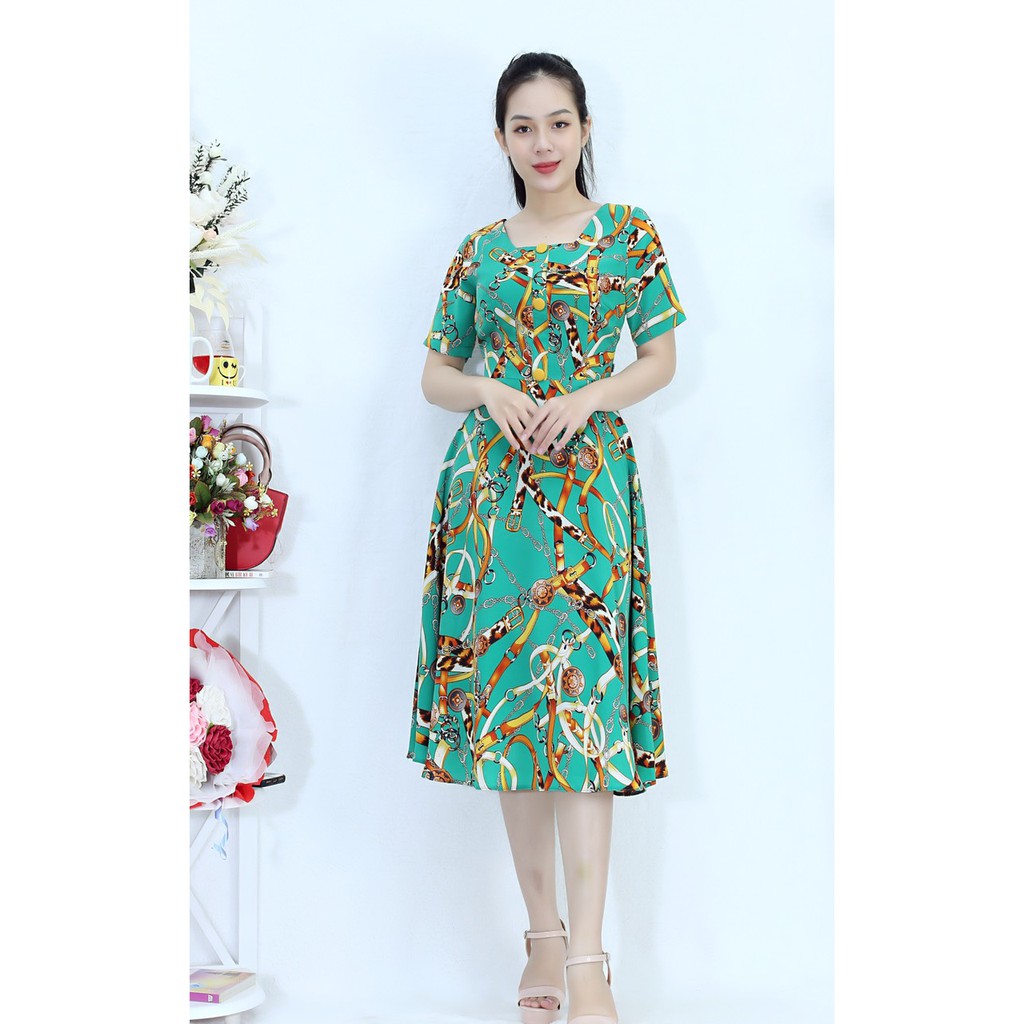 Đầm Xòe MÀU XANH HỌA TIẾT XINH XẮN VINTAGE sang chảnh - Vải von hàn cao cấp quý tộc