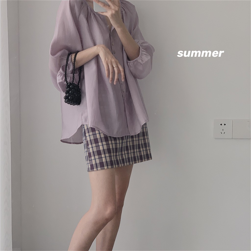 (ORDER) Áo sơ mi nữ dài tay cổ tròn tay phồng form rộng đuôi tôm vintage Hàn Quốc màu tím